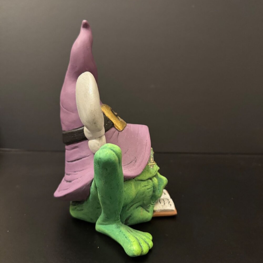 Whimsical Green Oops Witch Frog Figurine Glasses Purple Hat & Book Halloween - Picture 5 of 12